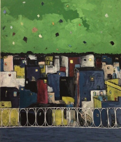 Kite flying in Lahore a painting by Saba Mir at Amanartis Watford by Amma Gyan