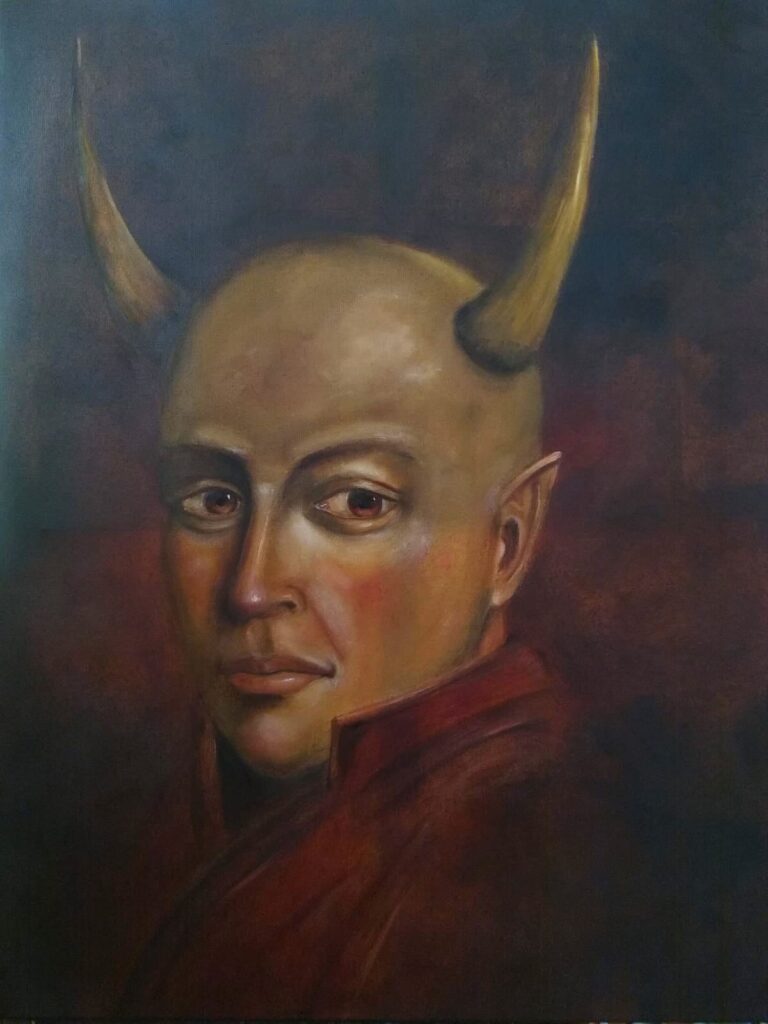 Painting of a Horned man by John Richard Hewitt at Amanartis, art studio and gallery Watford by Amma Gyan
