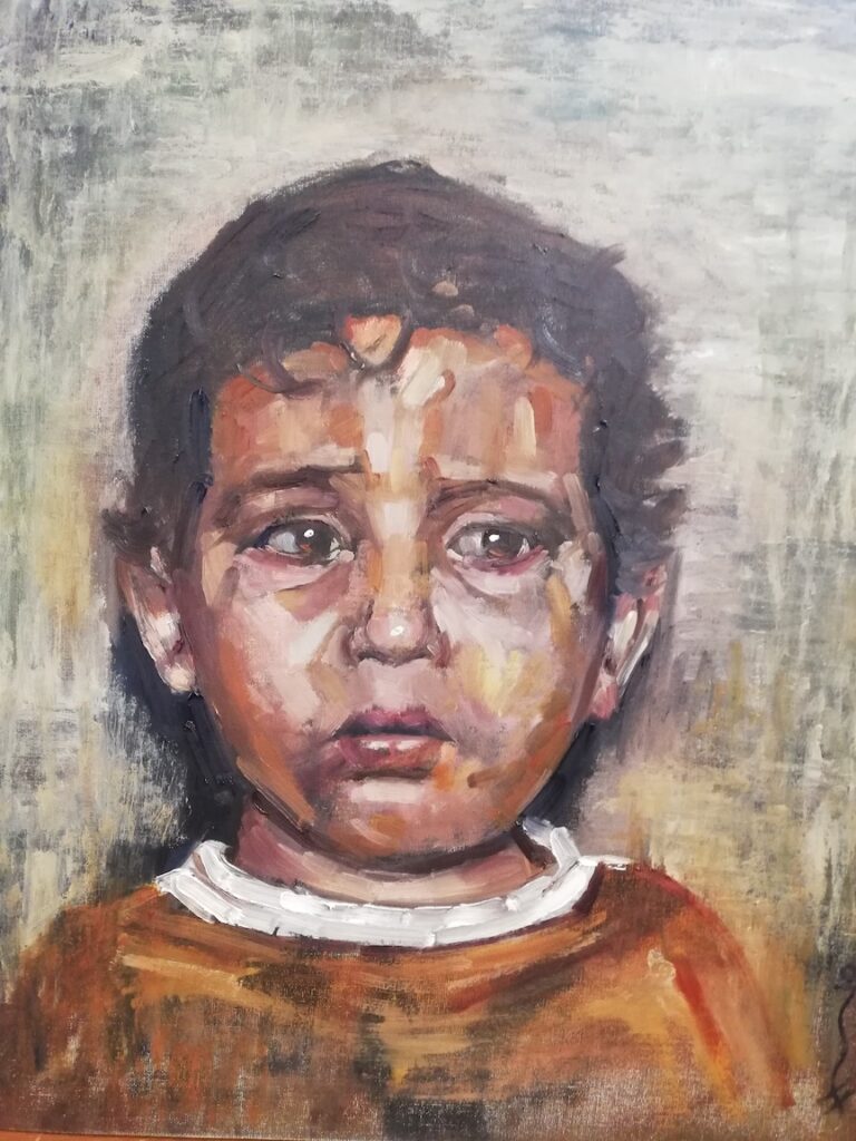 Painting of a Palestinian Child by artist John Richard Hewitt at Amanartis Watford by Amma Gyan artist