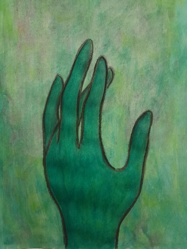 Green hand by artist Amma Gyan 2023 acrylic on paper