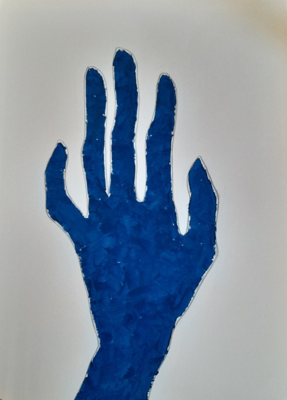 Blue hand by Amma Gyan the lady who paints hands at amanartis watford by Amma Gyan