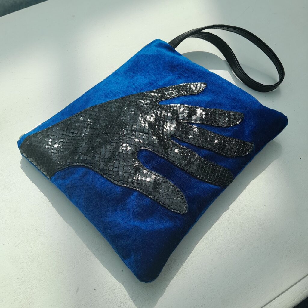 Blue and black velvet hand bag small