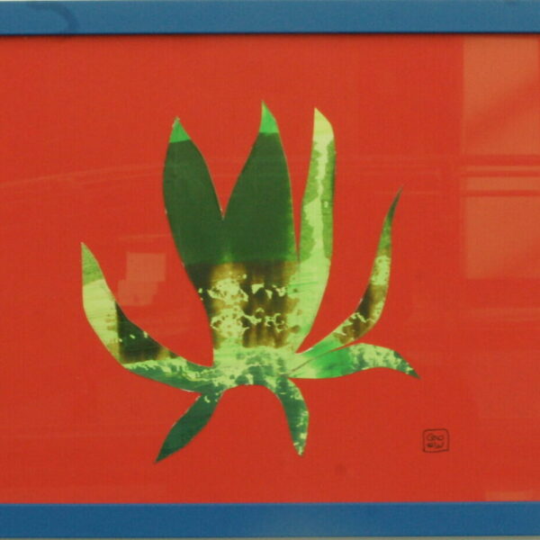 Cacti by Glenda Wood inspired by the Jardin Majorelle Marrakesh Morroco. Acrylic painted cacti cut out in green and yellow on solid red background with a blue frame